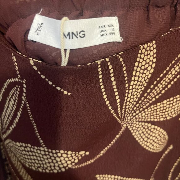 Mango Brown Puff Sleeve Midi Dress with Gold Leaf Print – Size XXL - Picture 6 of 11